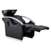 Bella V Recline Massage Salon Shampoo Station Black Front Angled View With Black Single Sink And Extended Leg Rest On White Background
