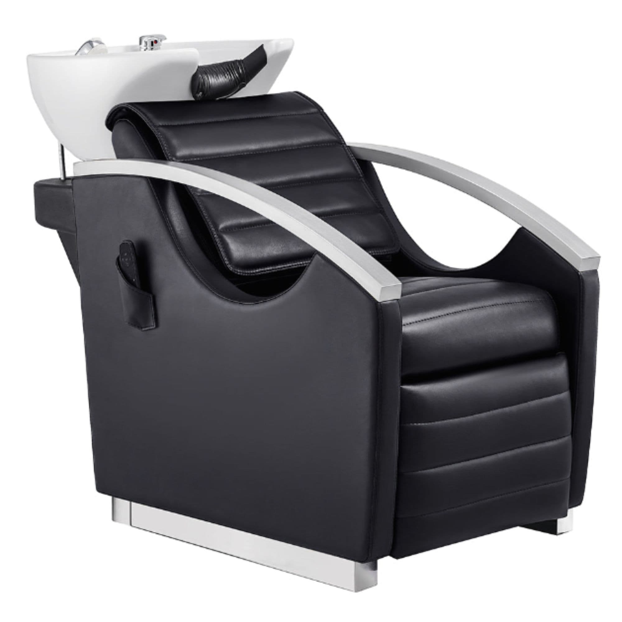 Bella V Recline Massage Salon Shampoo Station Black Front Angled View With White Single Sink On White Background