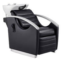 Thumbnail for Bella V Recline Massage Salon Shampoo Station Black Front Angled View With White Single Sink On White Background