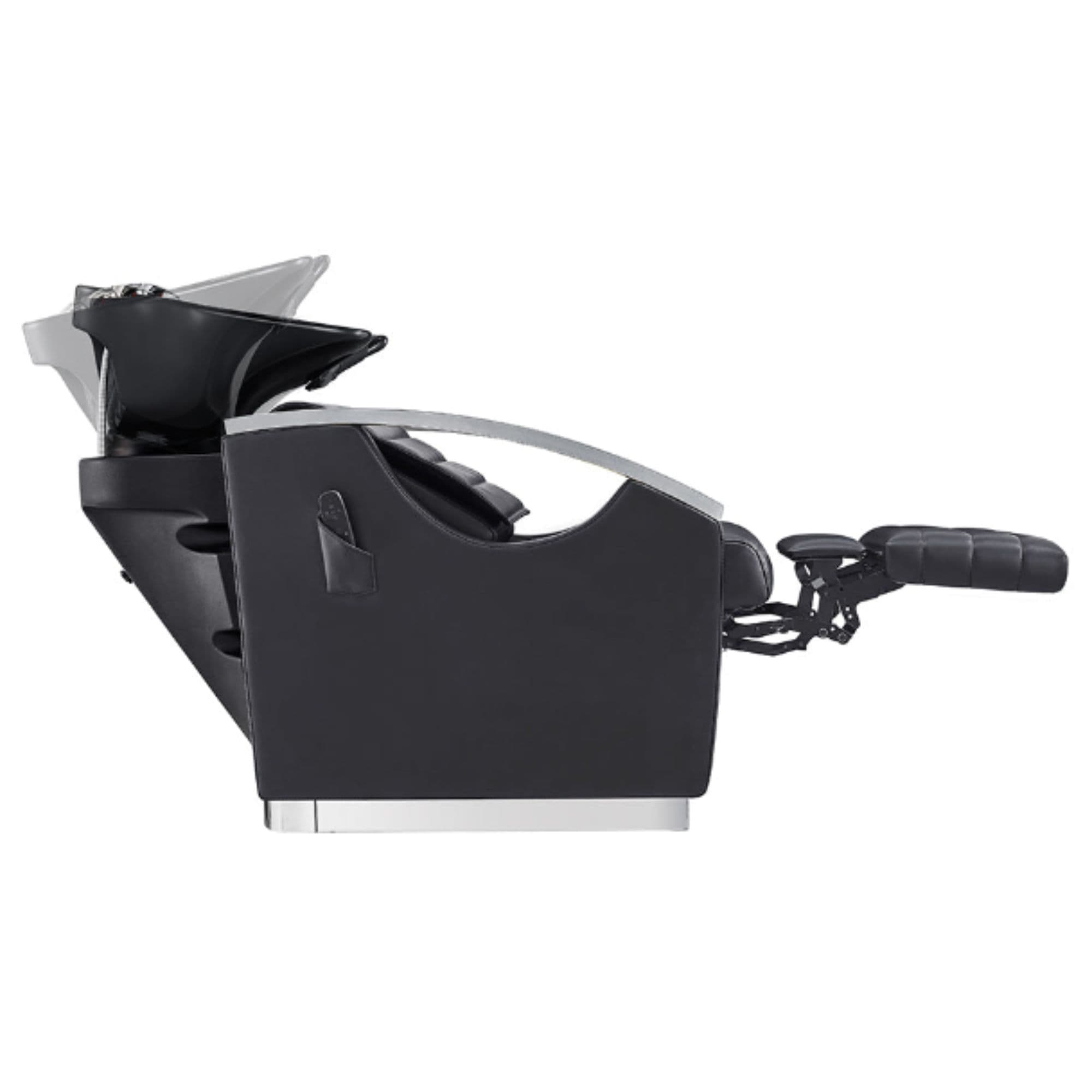 Bella V Recline Massage Salon Shampoo Station Black Side View With Black Single Sink Demo And Extended Leg Rest On White Background