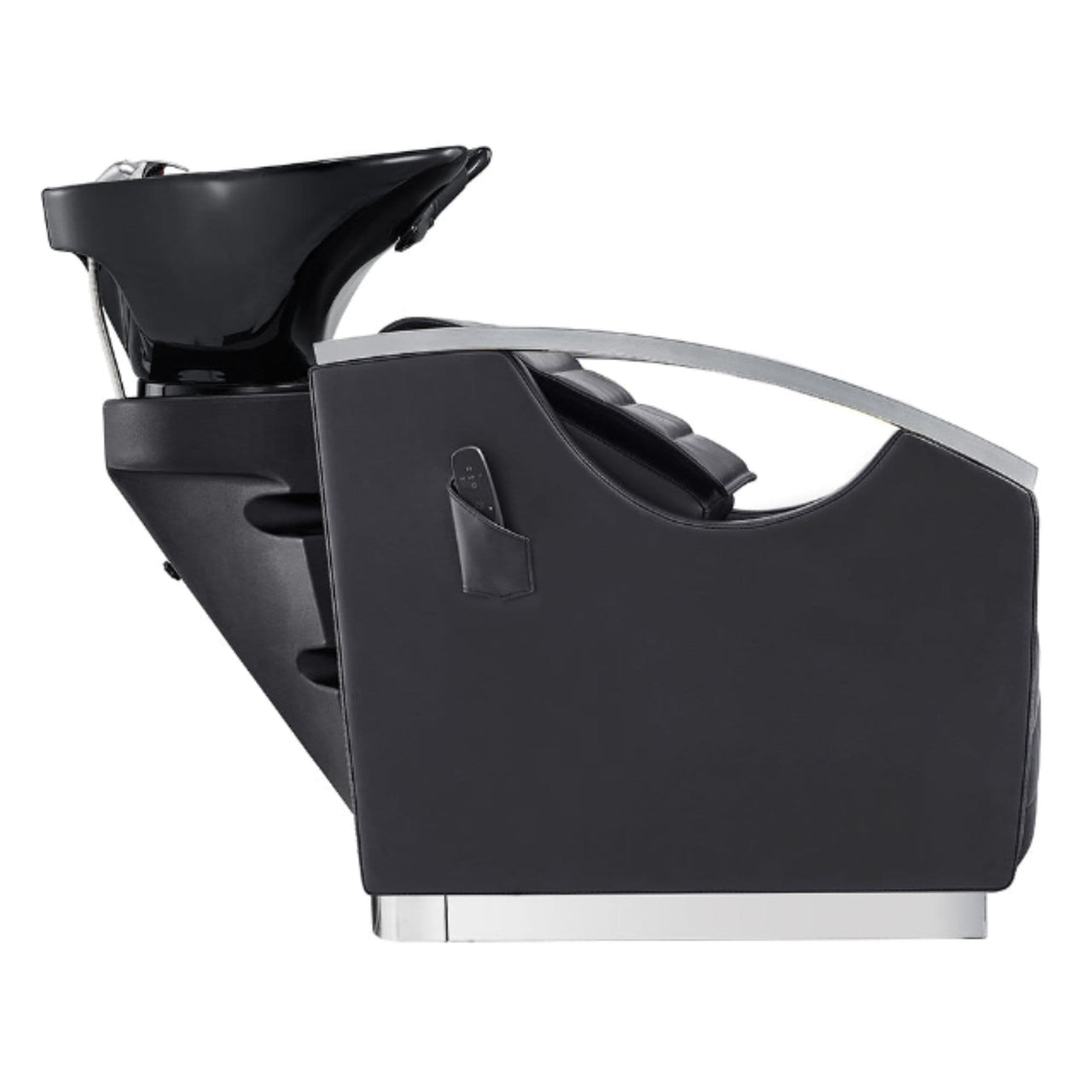 Bella V Recline Massage Salon Shampoo Station Black Side View With Black Single Sink On White Background