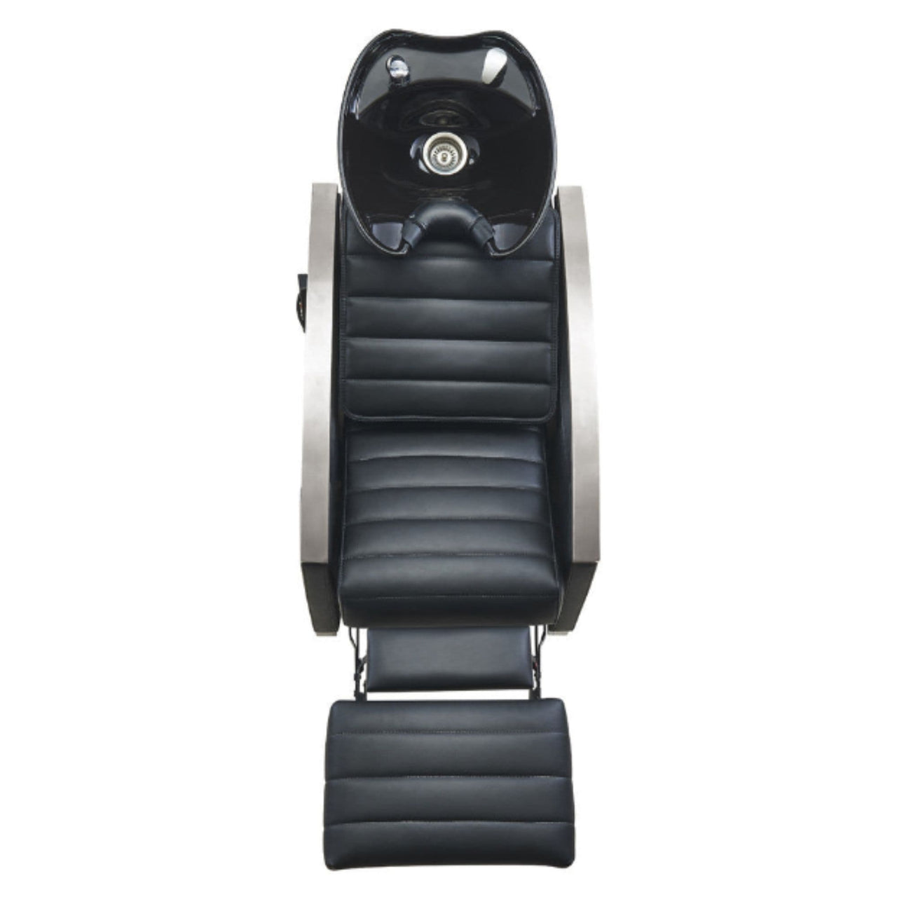 Bella V Recline Massage Salon Shampoo Station Black Top View With Black Single Sink And Extended Leg Rest On White Background