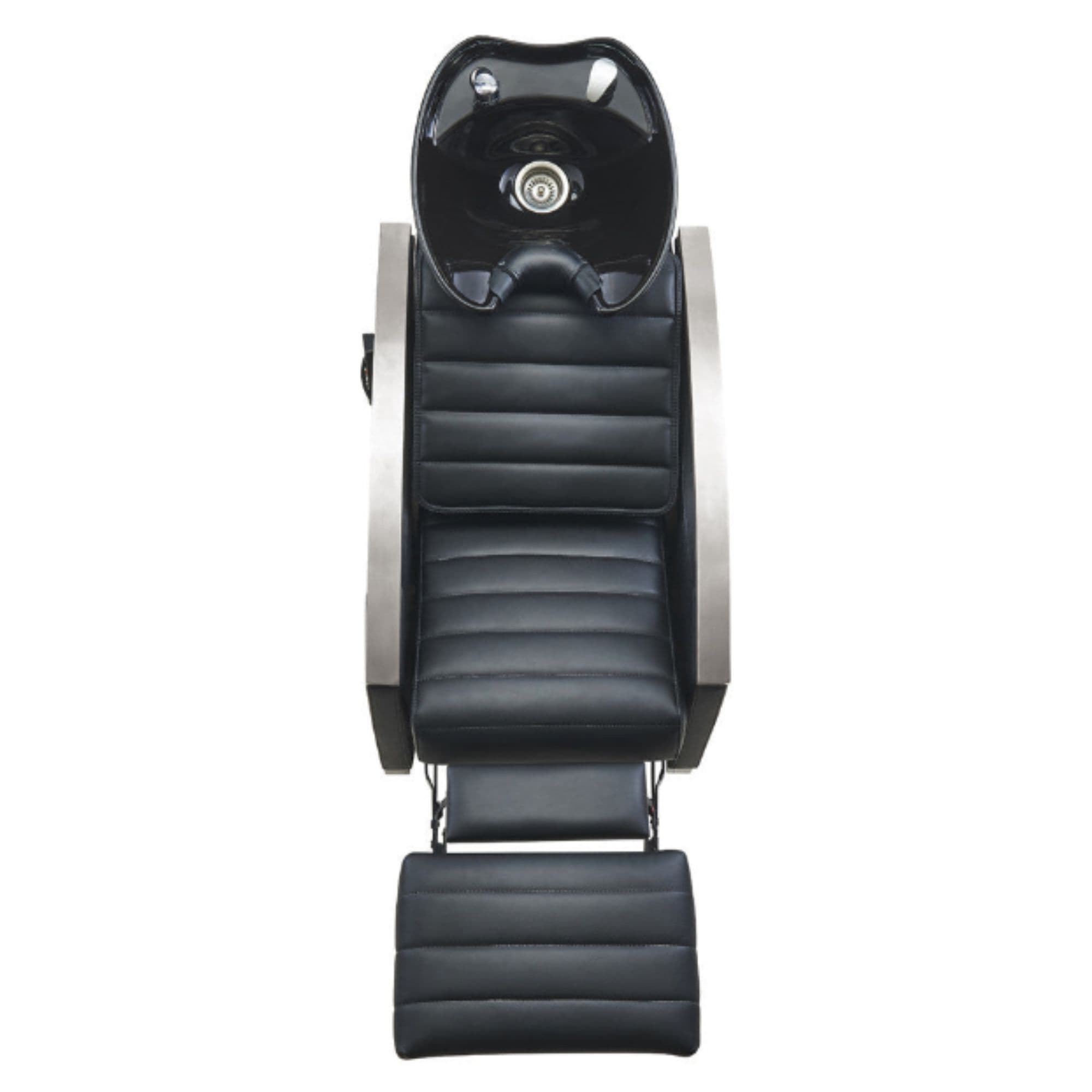 Bella V Recline Massage Salon Shampoo Station Black Top View With Black Single Sink And Extended Leg Rest On White Background
