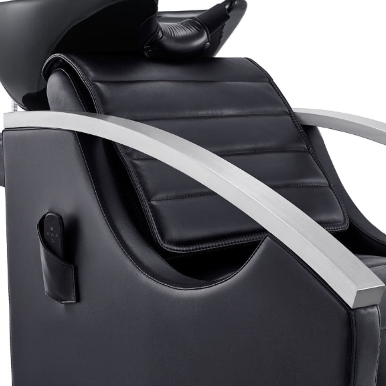 Bella V Recline Massage Salon Shampoo Station Close-Up View Of Upholstered Black Backrest And Armrest Design With Remote Control Holder On Side Panel