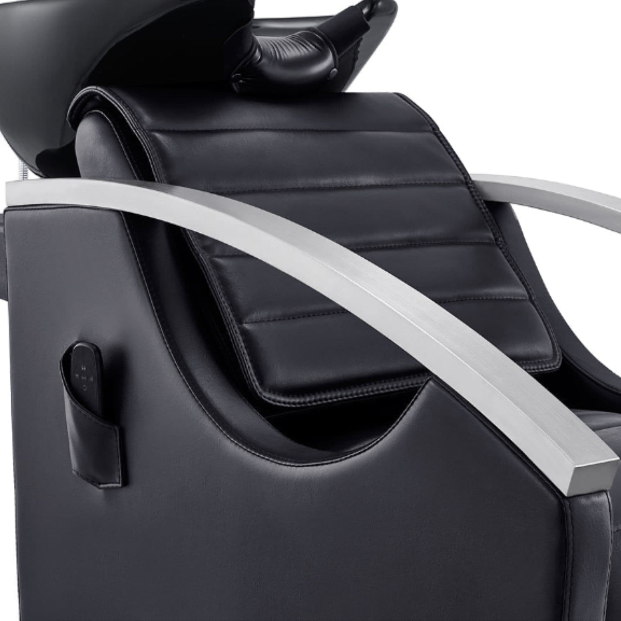 Bella V Recline Massage Salon Shampoo Station Close-Up View Of Upholstered Black Backrest And Armrest Design With Remote Control Holder On Side Panel