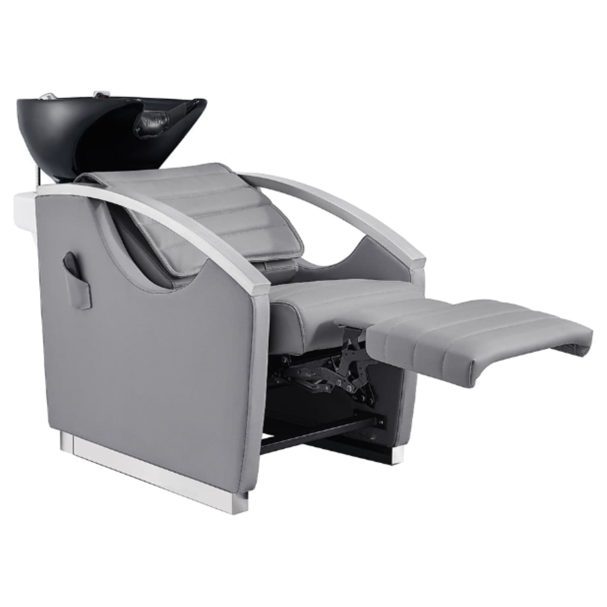 Bella V Recline Massage Salon Shampoo Station Gray Front Angled View With Black Single Sink And Extended Leg Rest