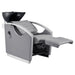 Bella V Recline Massage Salon Shampoo Station Gray Front Angled View With Black Single Sink And Extended Leg Rest