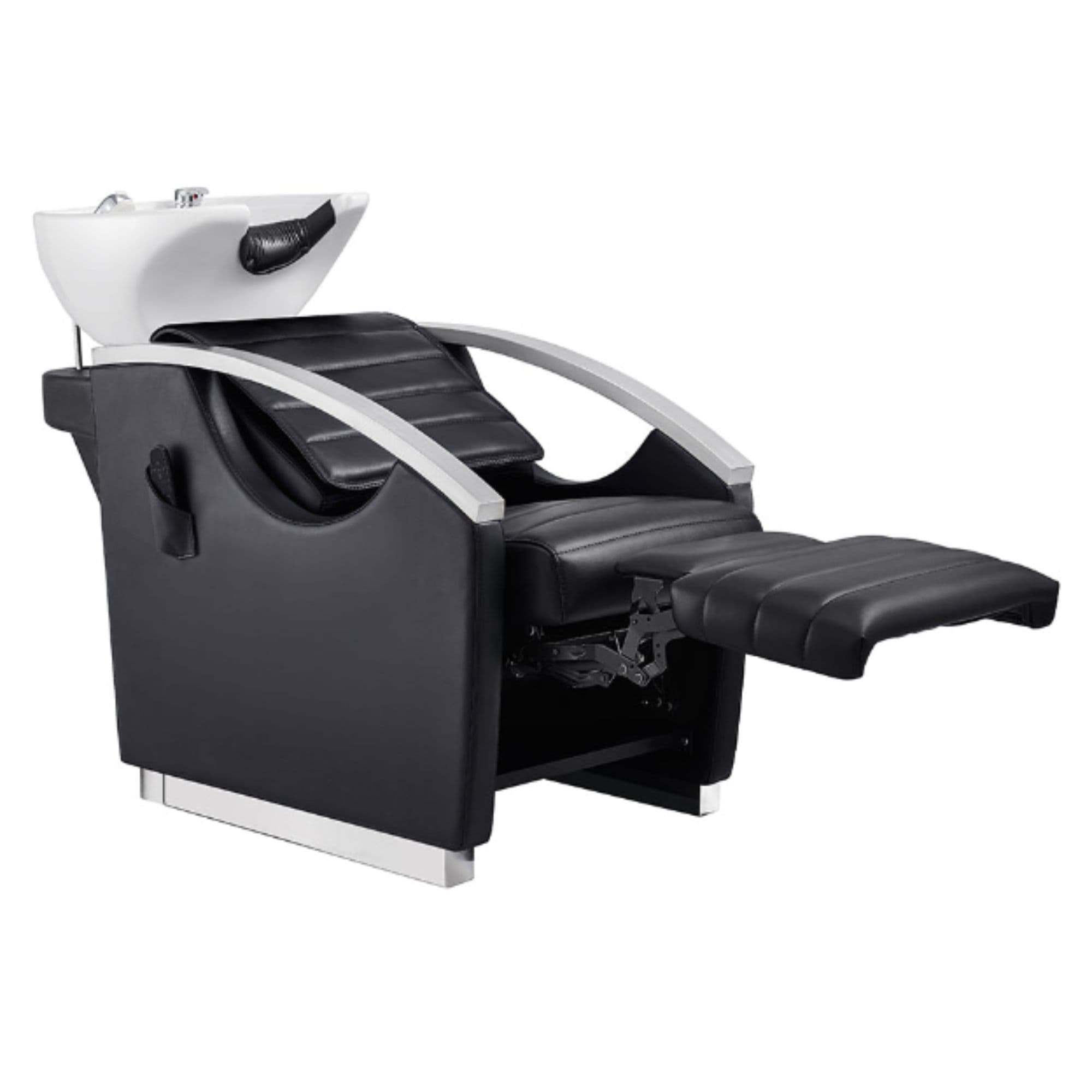 Bella V Recline Massage Salon Shampoo Station Gray Front Angled View With White Single Sink And Extended Leg Rest
