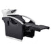 Bella V Recline Massage Salon Shampoo Station Gray Front Angled View With White Single Sink And Extended Leg Rest