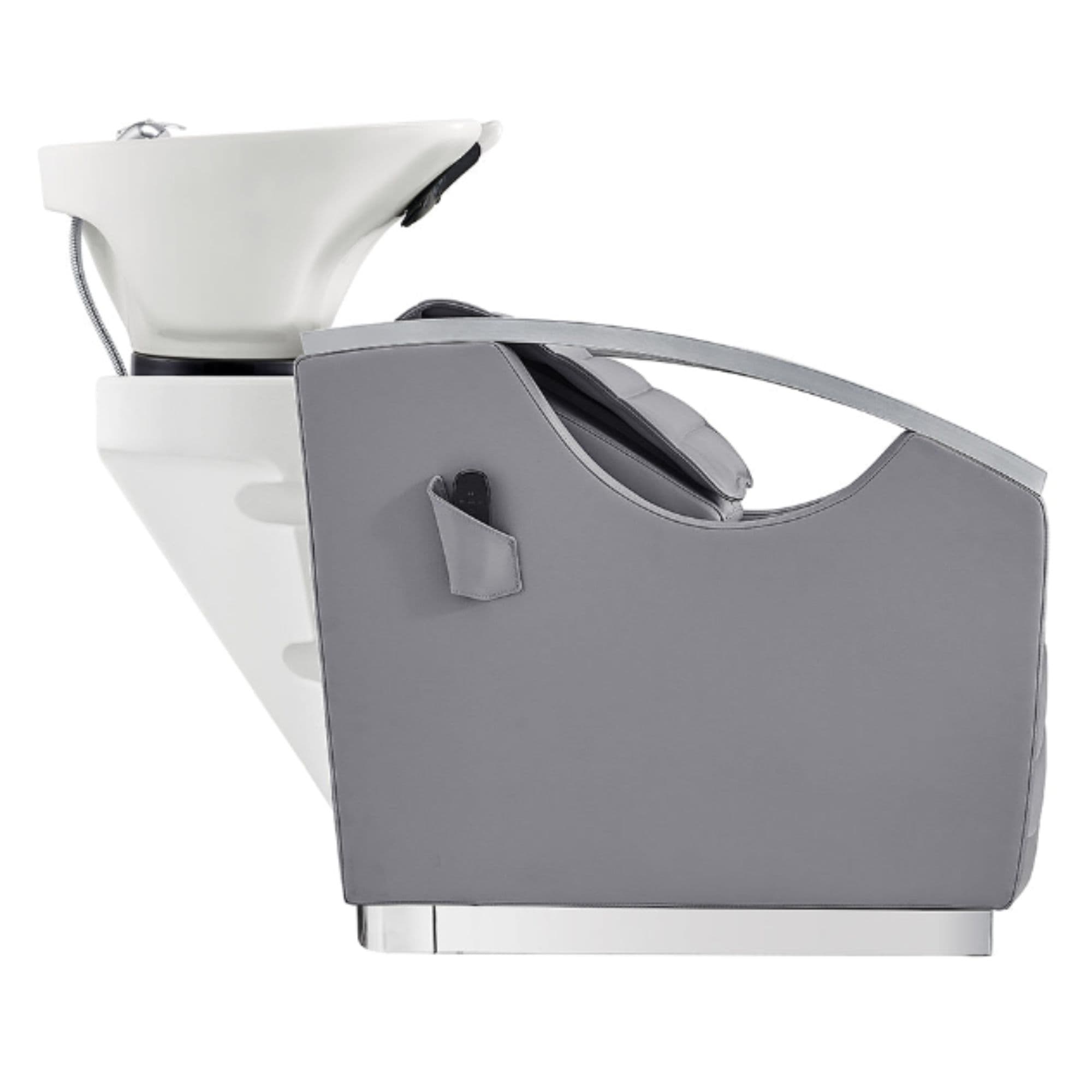 Bella V Recline Massage Salon Shampoo Station Gray Side View With White Sink On Clean Background
