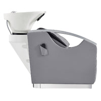 Thumbnail for Bella V Recline Massage Salon Shampoo Station Gray Side View With White Sink On Clean Background