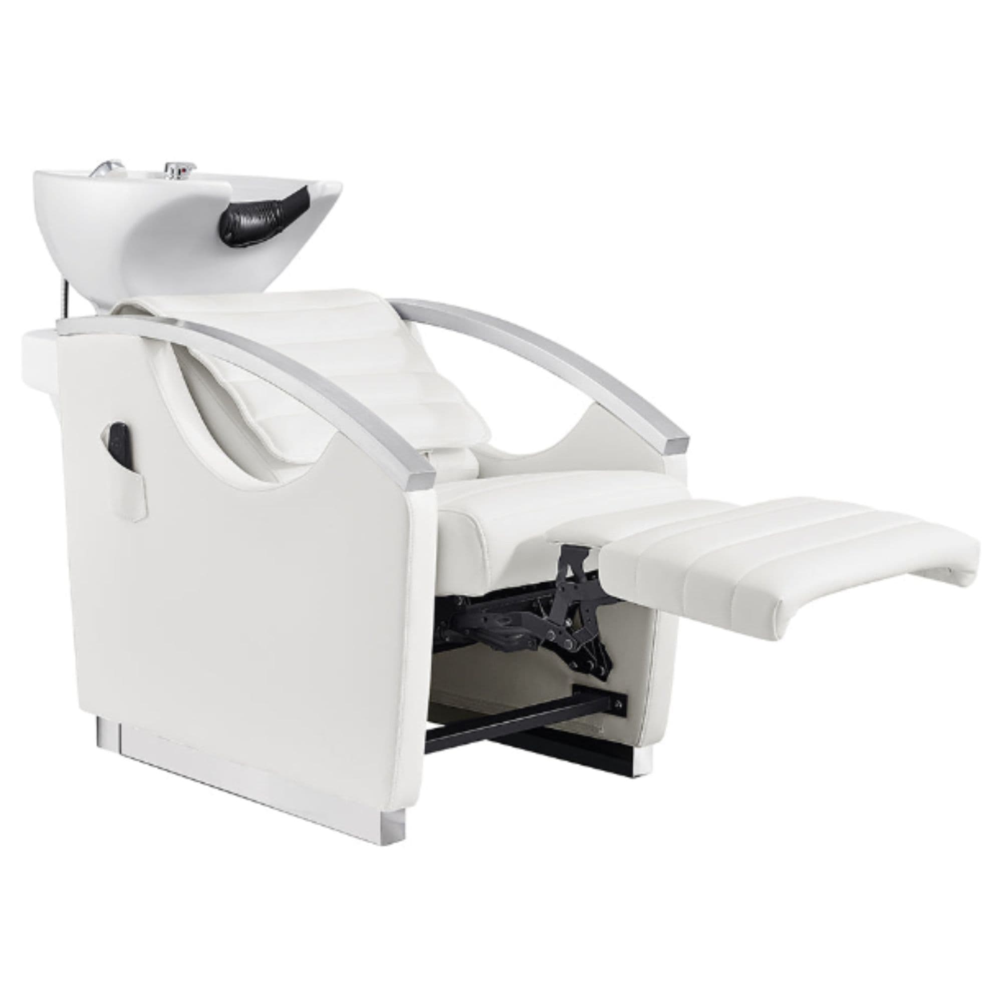 Bella V Recline Massage Salon Shampoo Station White Front Angled View With White Single Sink And Extended Leg Rest