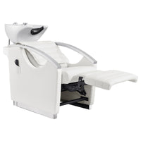 Thumbnail for Bella V Recline Massage Salon Shampoo Station White Front Angled View With White Single Sink And Extended Leg Rest
