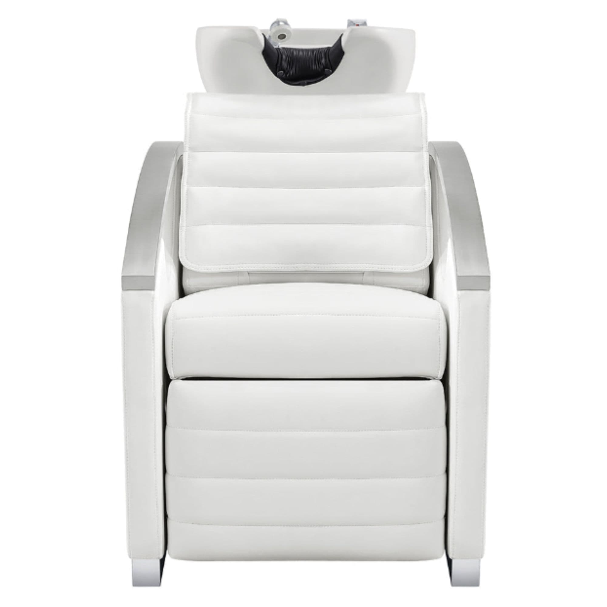 Bella V Recline Massage Salon Shampoo Station White Front View With White Single Sink On Clean Background