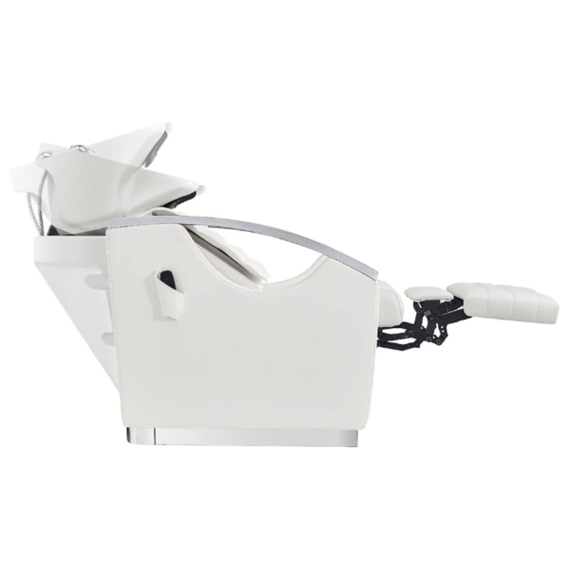 Bella V Recline Massage Salon Shampoo Station White Side View With White Sink Demo And Extended Leg Rest On Clean Background