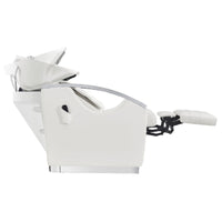 Thumbnail for Bella V Recline Massage Salon Shampoo Station White Side View With White Sink Demo And Extended Leg Rest On Clean Background
