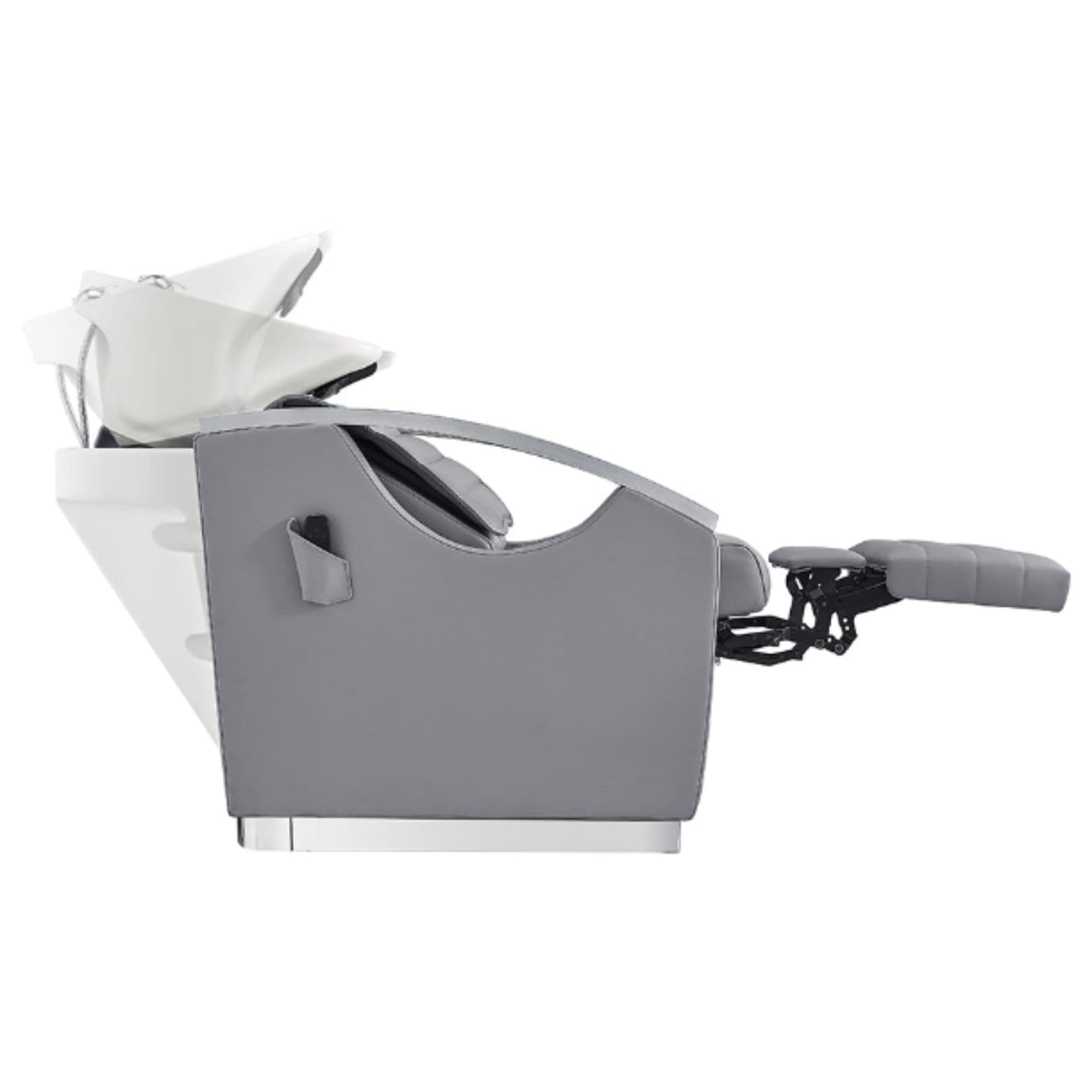 Bella V Recline Massage Salon Shampoo Station White Side View With White Sink Demo And Leg Rest Extended On Clean Background