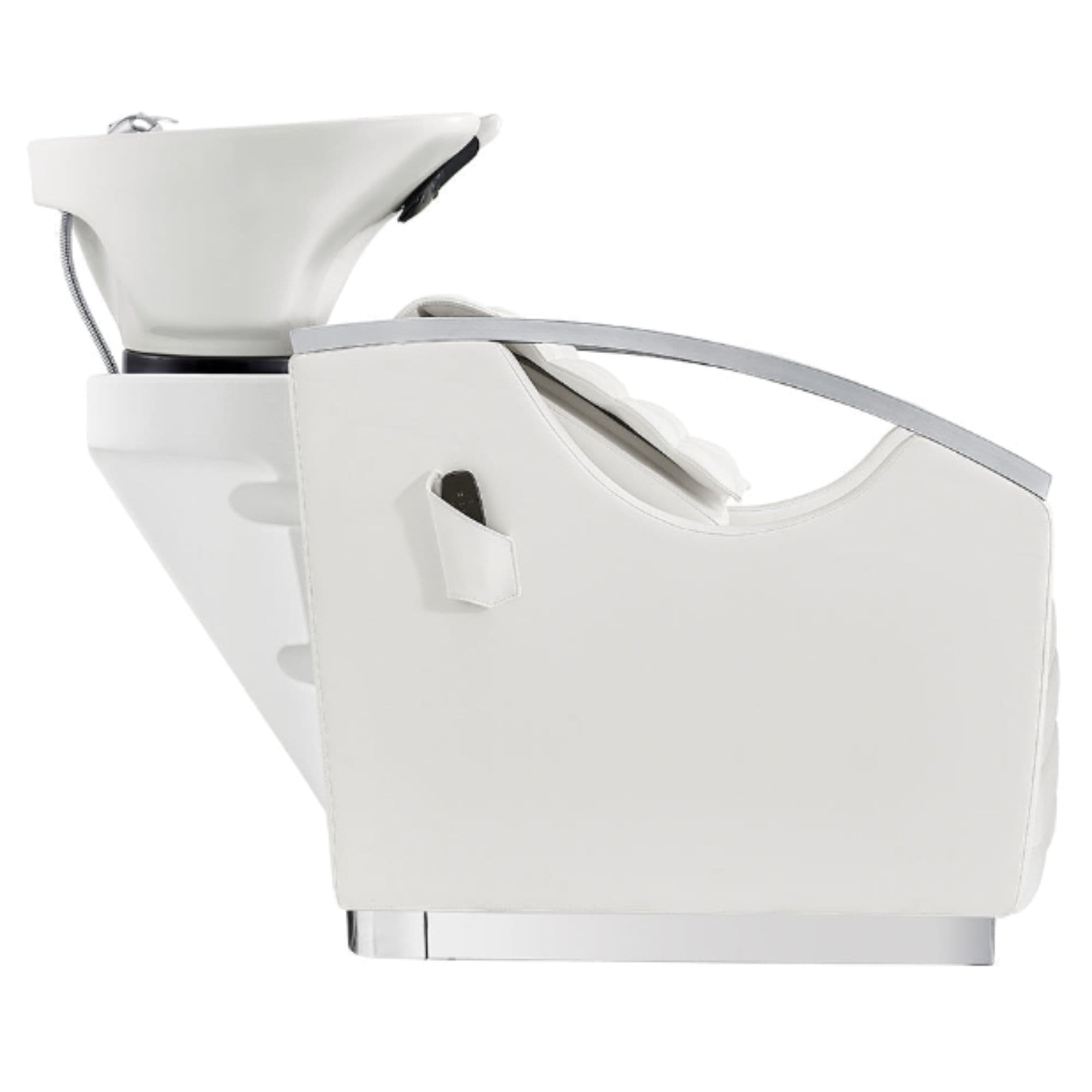 Bella V Recline Massage Salon Shampoo Station White Side View With White Sink On Clean Background