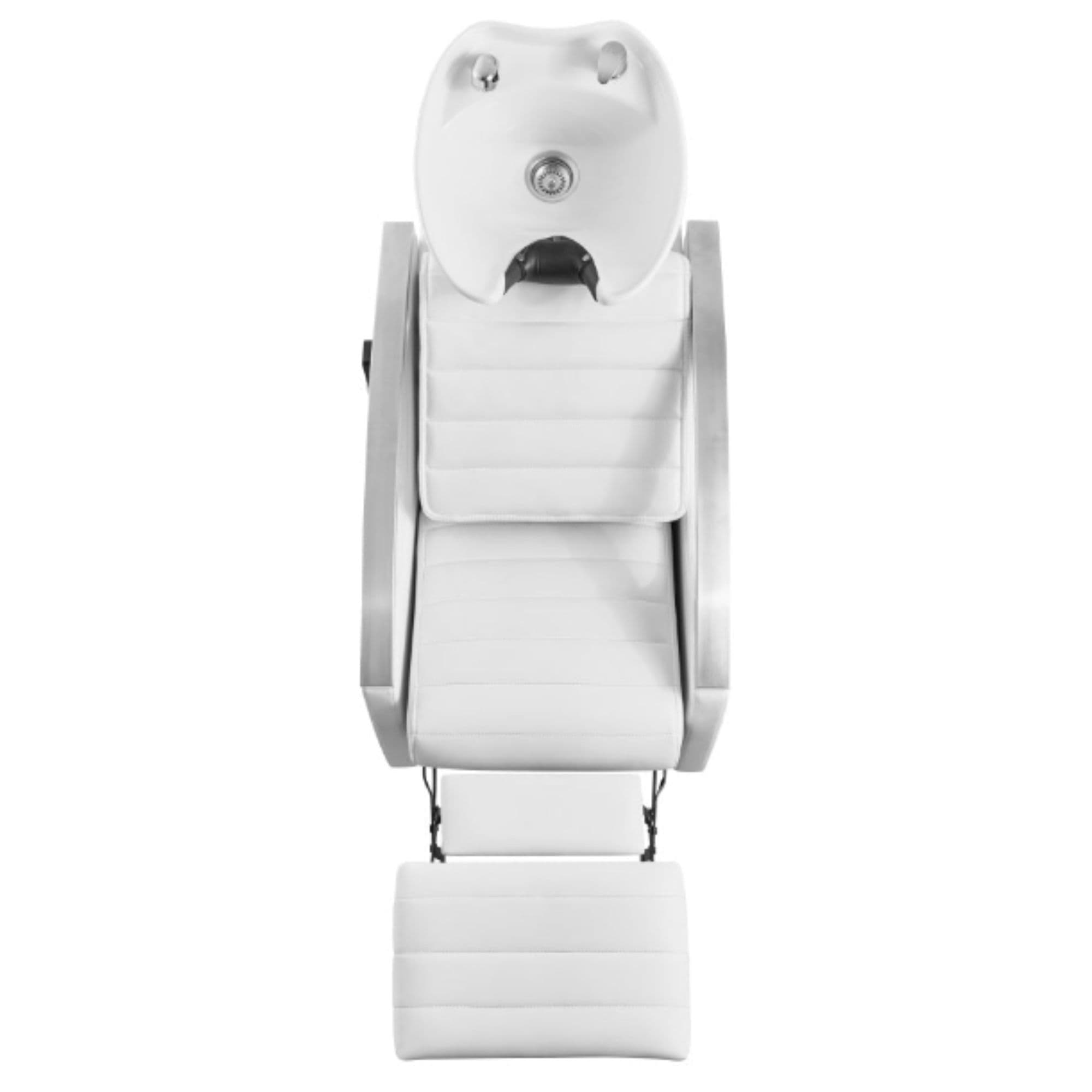 Bella V Recline Massage Salon Shampoo Station White Top View With White Single Sink And Extended Leg Rest On Clean Background