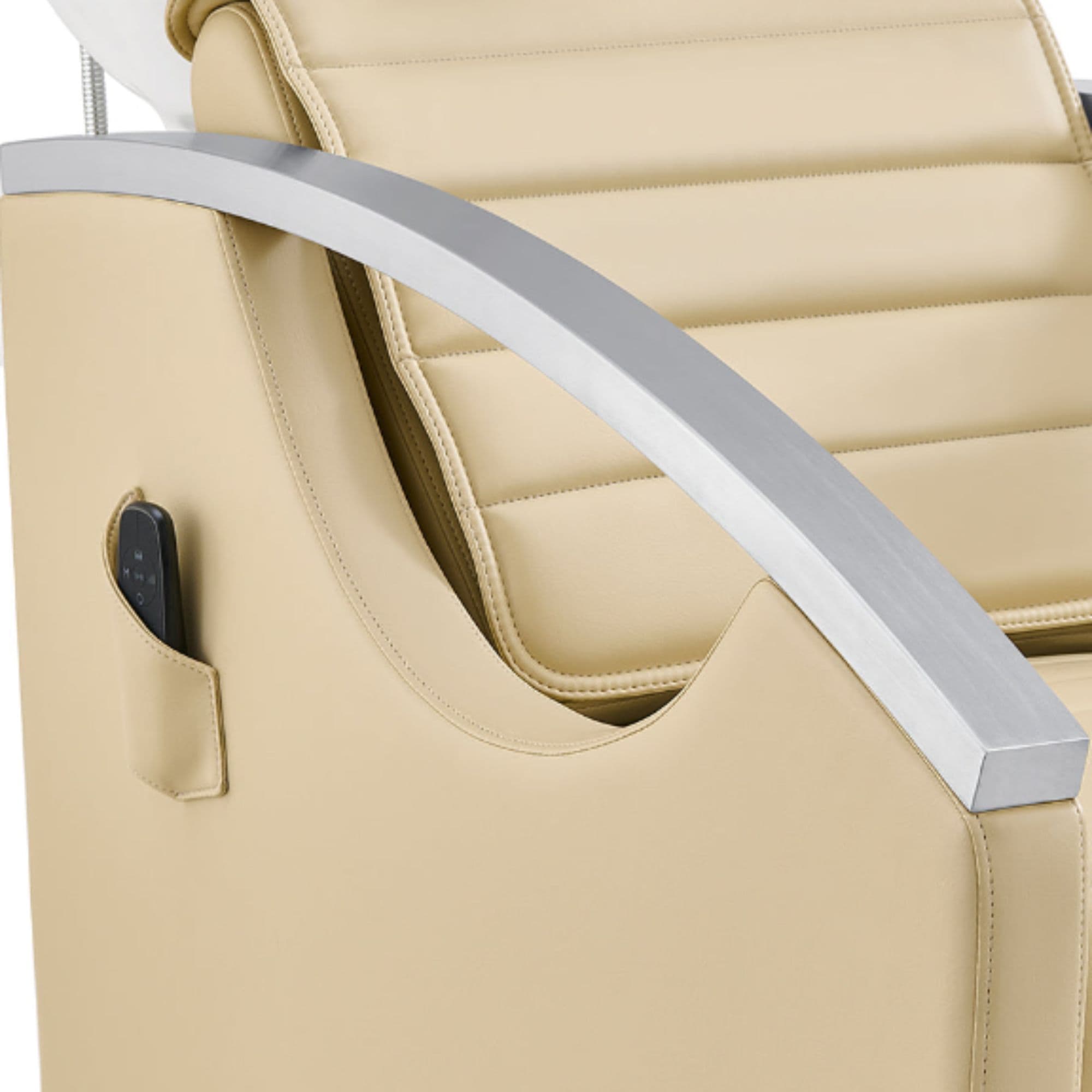 Bella V Recline Massage Shampoo Unit Close-Up View Of Upholstered Beige Backrest And Armrest Design With Remote Control Holder On Side Panel
