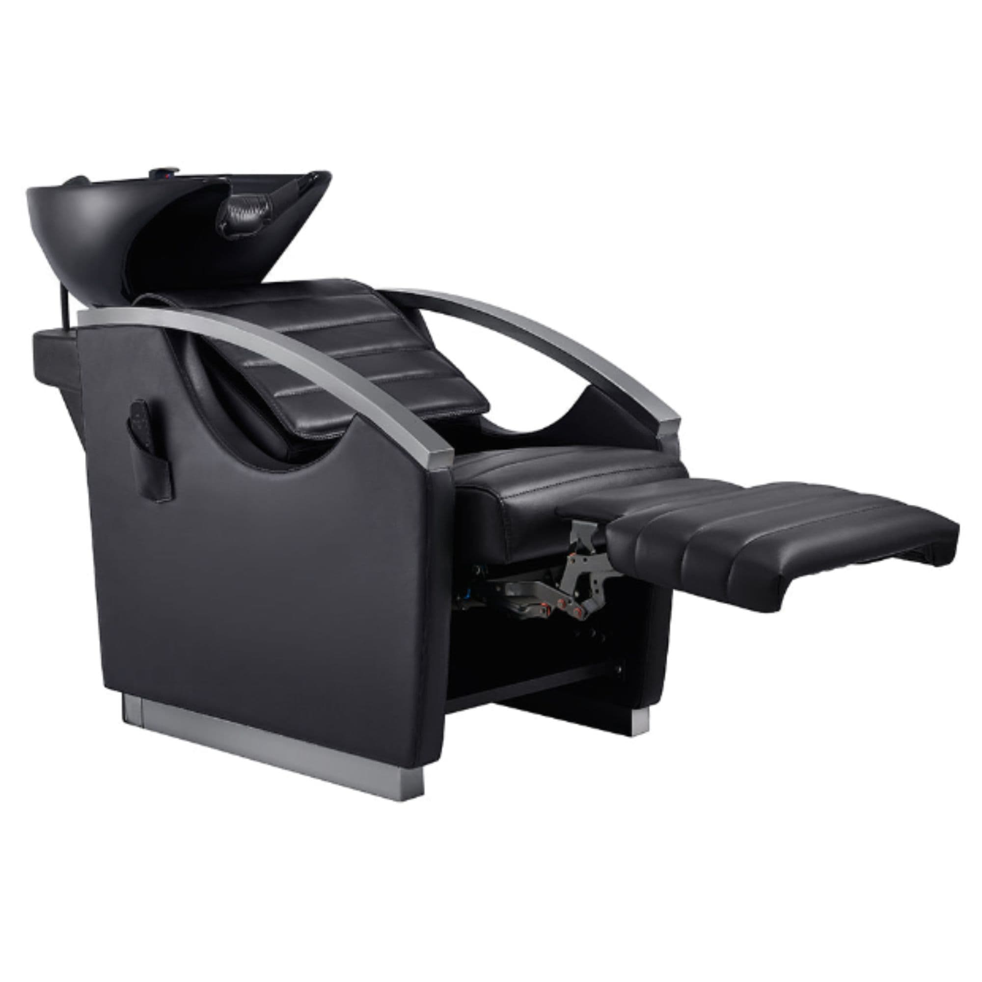 Bella V Titanium Electric Massage Reclining Backwash Shampoo Chair Black Front Angled View Of Black Single Shampoo Wash Station With Fully Reclined Leg Rest On White Clean Background