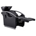 Bella V Titanium Electric Massage Reclining Backwash Shampoo Chair Black Front Angled View Of Black Single Shampoo Wash Station With Fully Reclined Leg Rest On White Clean Background