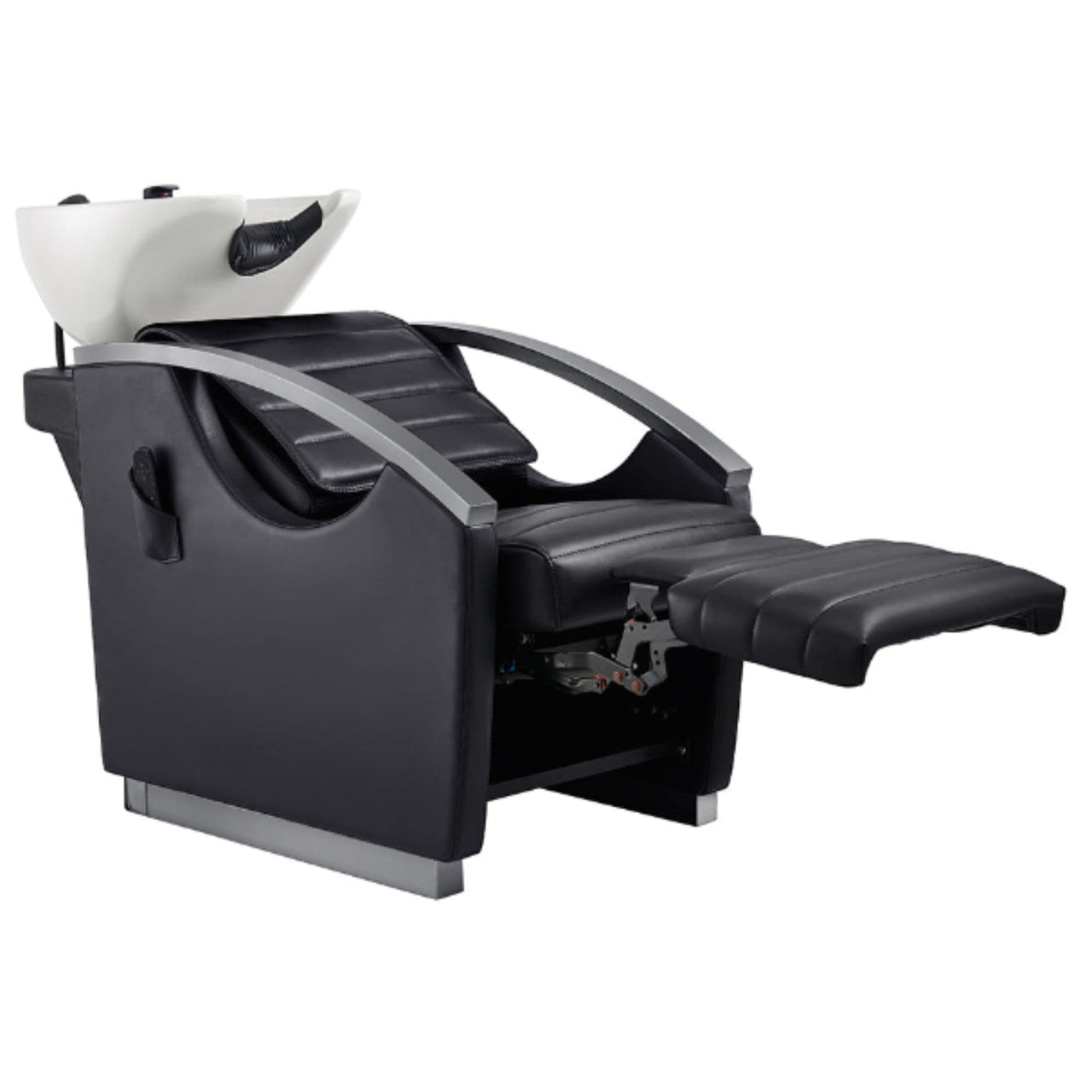 Bella V Titanium Electric Massage Reclining Backwash Shampoo Chair Black Front Angled View Of White Single Shampoo Wash Station With Fully Reclined Leg Rest 