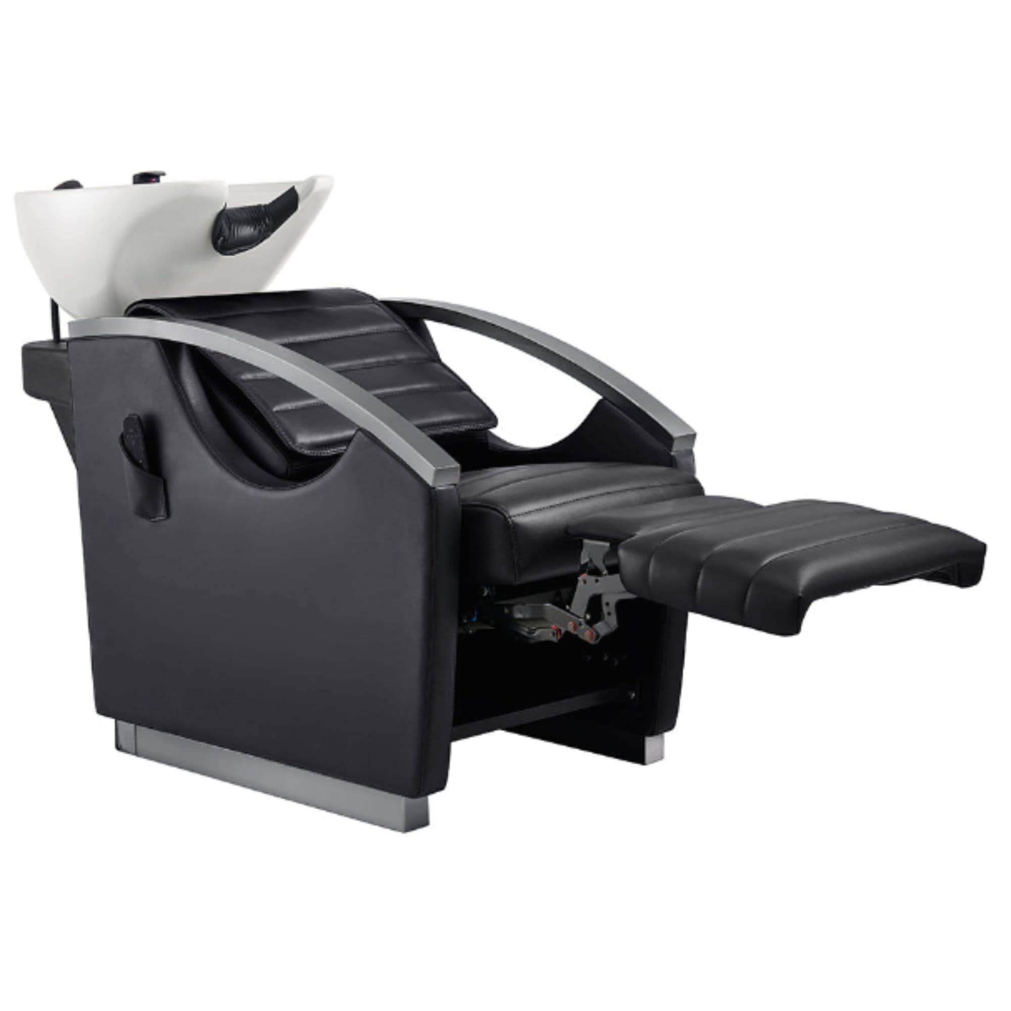 Bella V Titanium Electric Massage Reclining Backwash Shampoo Chair Black Front Angled View Of White Single Shampoo Wash Station With Fully Reclined Leg Rest 