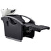 Bella V Titanium Electric Massage Reclining Backwash Shampoo Chair Black Front Angled View Of White Single Shampoo Wash Station With Fully Reclined Leg Rest 