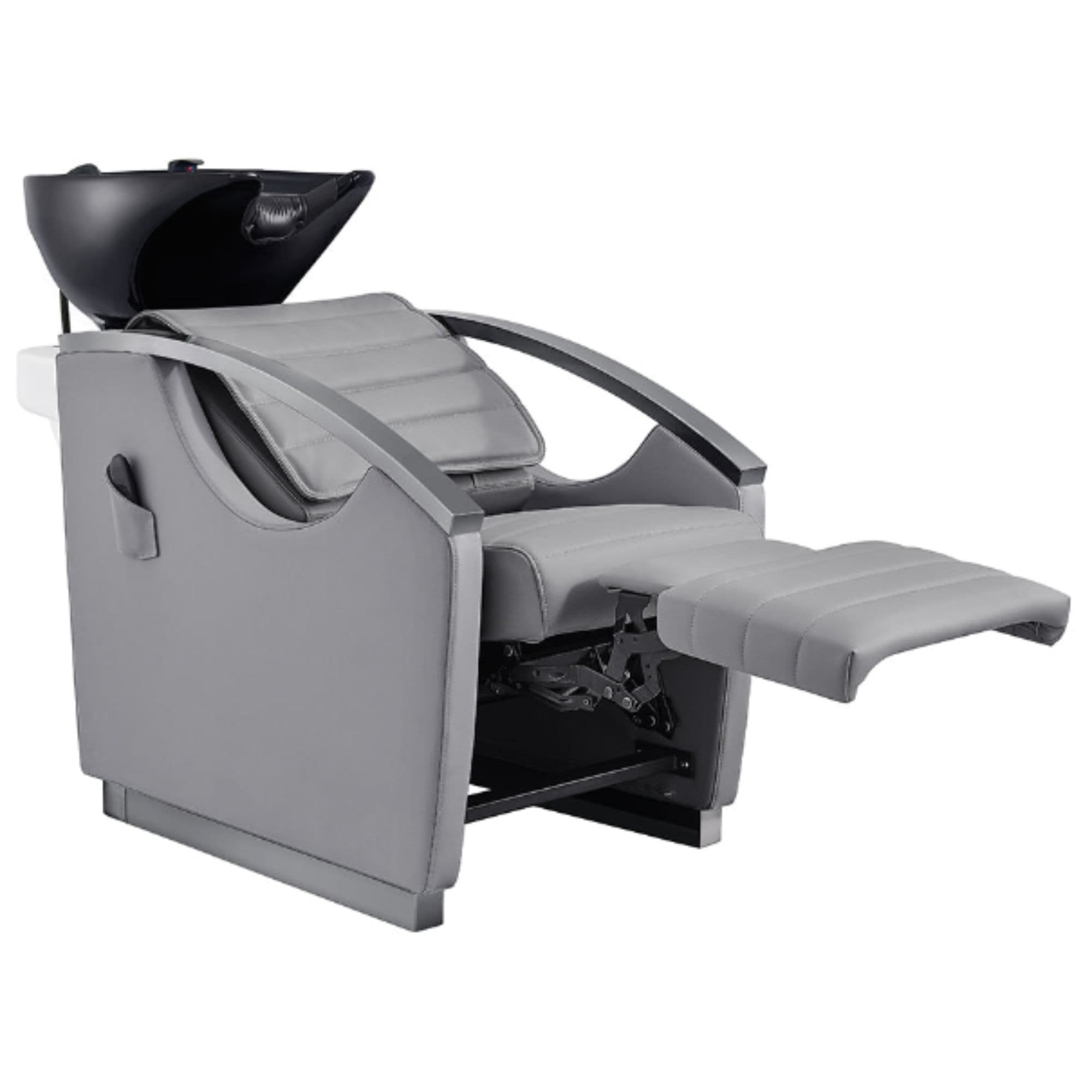 Bella V Titanium Electric Massage Reclining Backwash Shampoo Chair Gray Front Angled View Of Black Single Shampoo Wash Station With Fully Reclined Leg Rest 