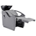 Bella V Titanium Electric Massage Reclining Backwash Shampoo Chair Gray Front Angled View Of Black Single Shampoo Wash Station With Fully Reclined Leg Rest 