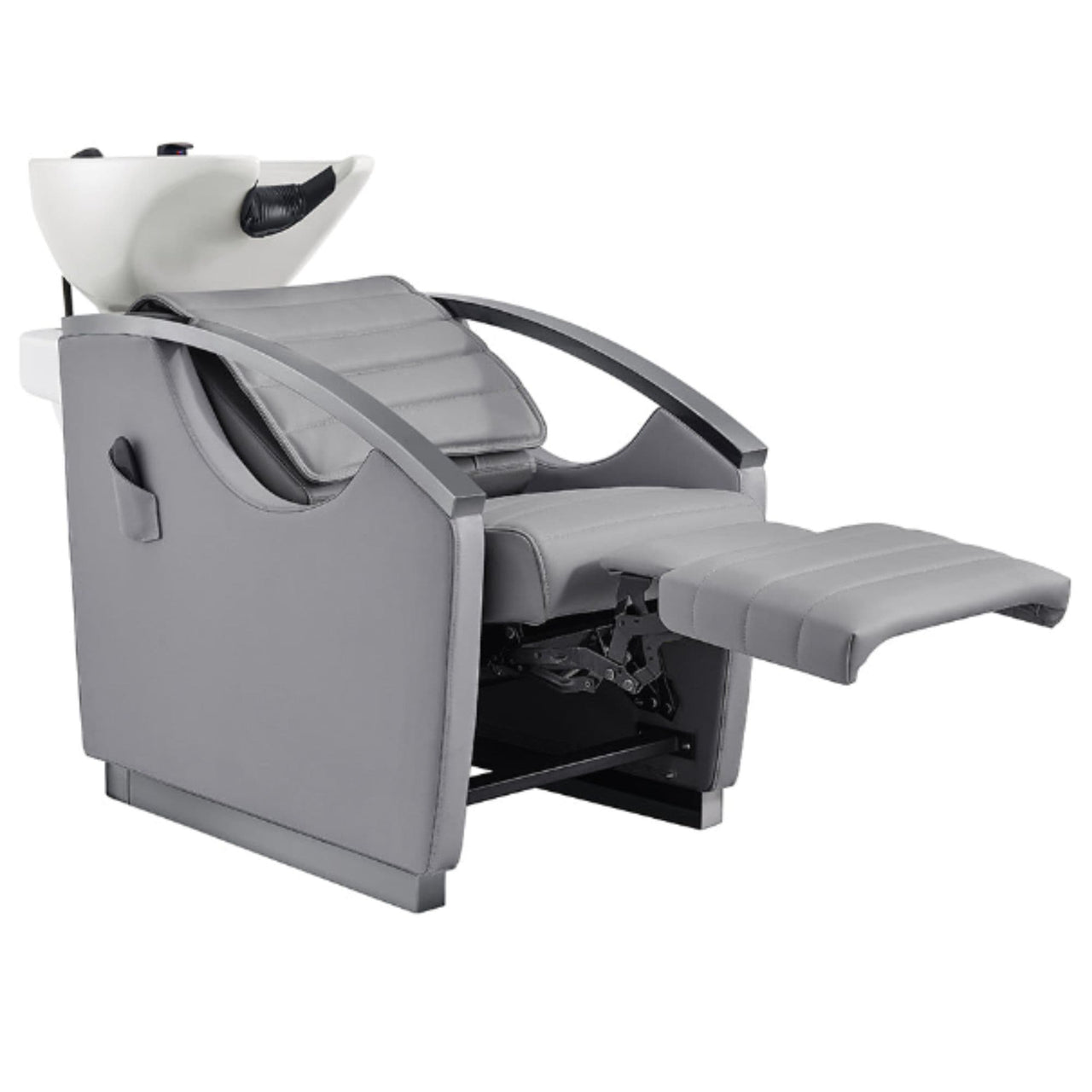 Bella V Titanium Electric Massage Reclining Backwash Shampoo Chair Gray Front Angled View Of White Single Shampoo Wash Station With Extended Leg Rest On White Clean Background