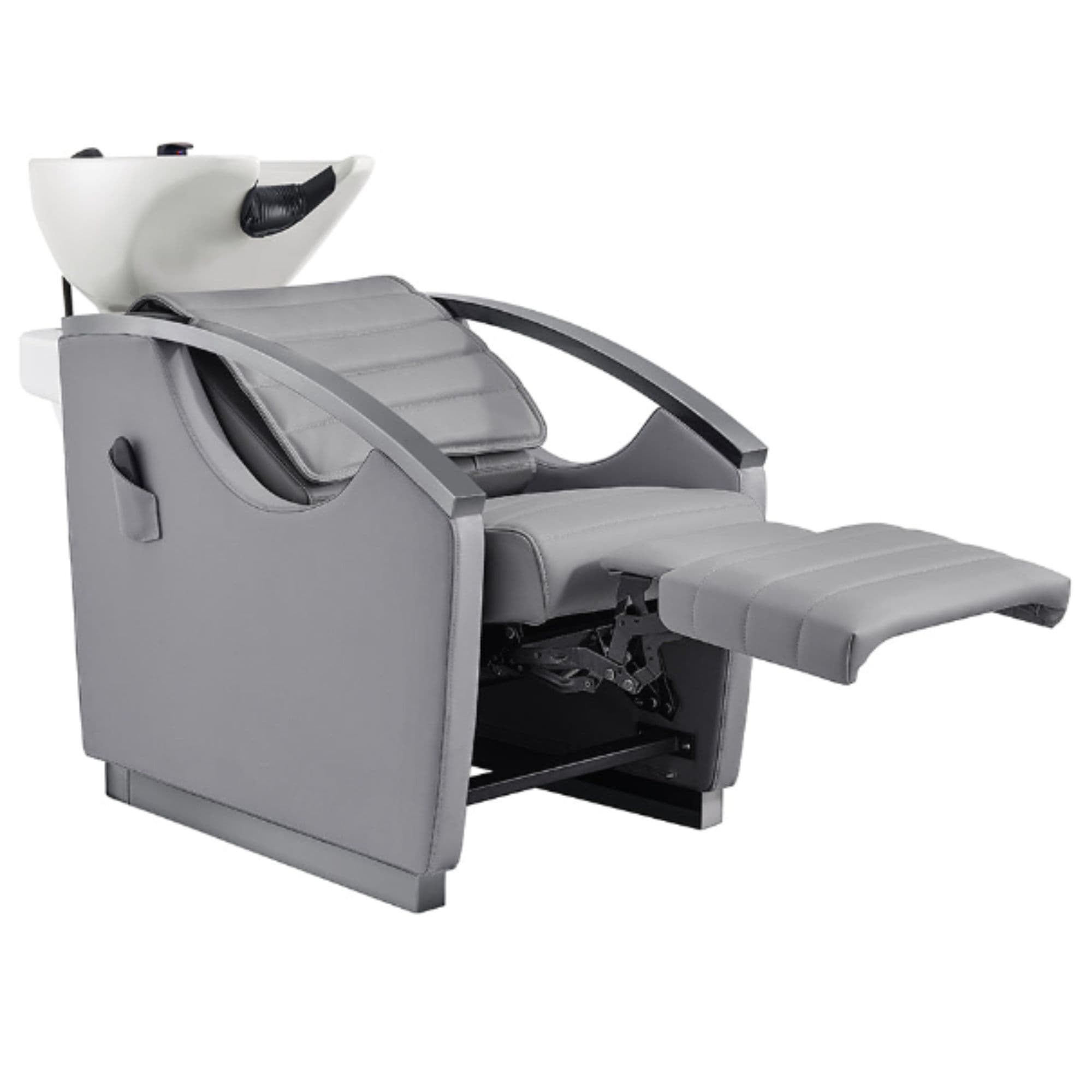 Bella V Titanium Electric Massage Reclining Backwash Shampoo Chair Gray Front Angled View Of White Single Shampoo Wash Station With Extended Leg Rest On White Clean Background