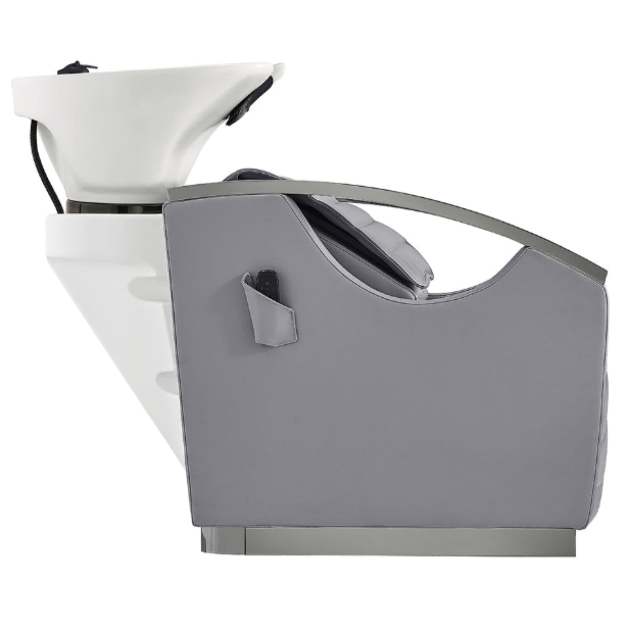 Bella V Titanium Electric Massage Reclining Backwash Shampoo Chair Gray Side View Of White Wash Shampoo Station With A Remote Control On Side Panel