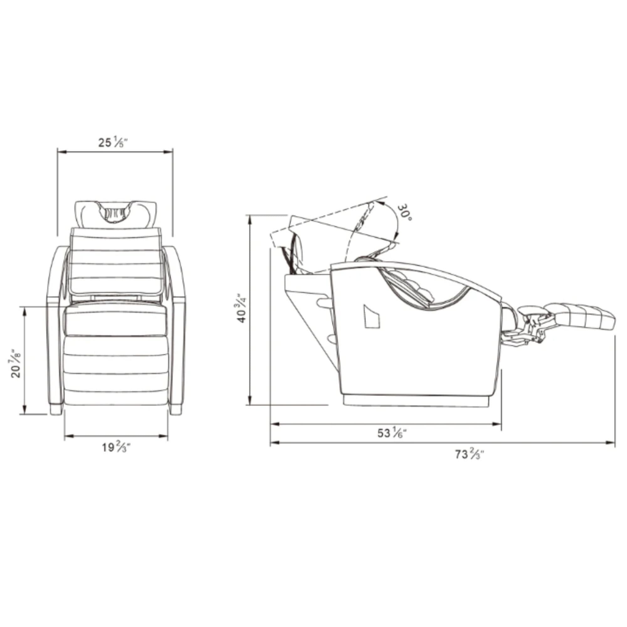 Bella V Titanium Electric Massage Reclining Backwash Shampoo Chair Product Dimension Diagram