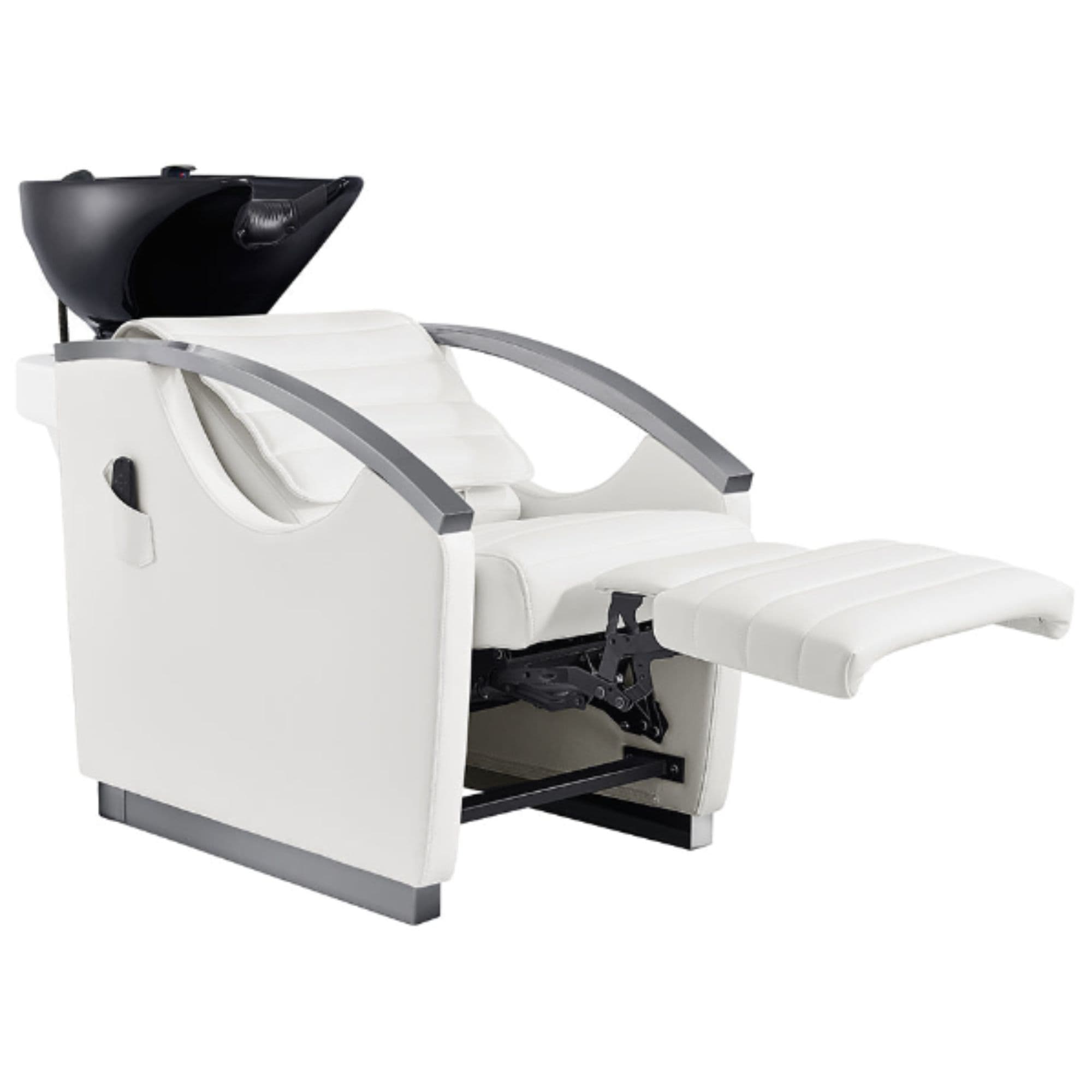 Bella V Titanium Electric Massage Reclining Backwash Shampoo Chair Top Angled View With Extended Leg Rest