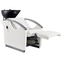 Thumbnail for Bella V Titanium Electric Massage Reclining Backwash Shampoo Chair Top Angled View With Extended Leg Rest
