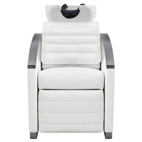Thumbnail for Bella V Titanium Electric Massage Reclining Backwash Shampoo Chair White Front View Of White Single Shampoo Wash Station On White Clean Background