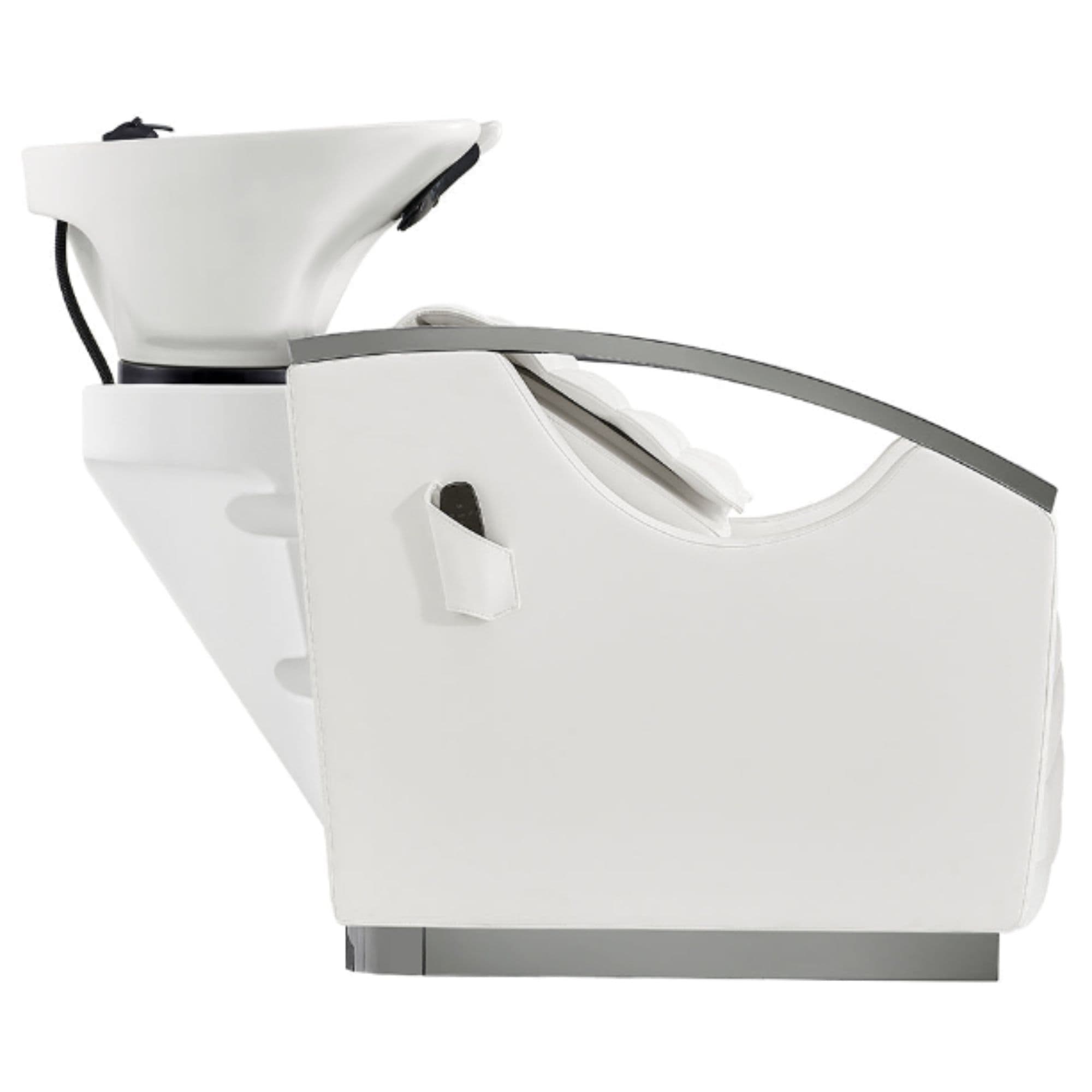Bella V Titanium Electric Massage Reclining Backwash Shampoo Chair White Side View Of White Single Shampoo Wash Station