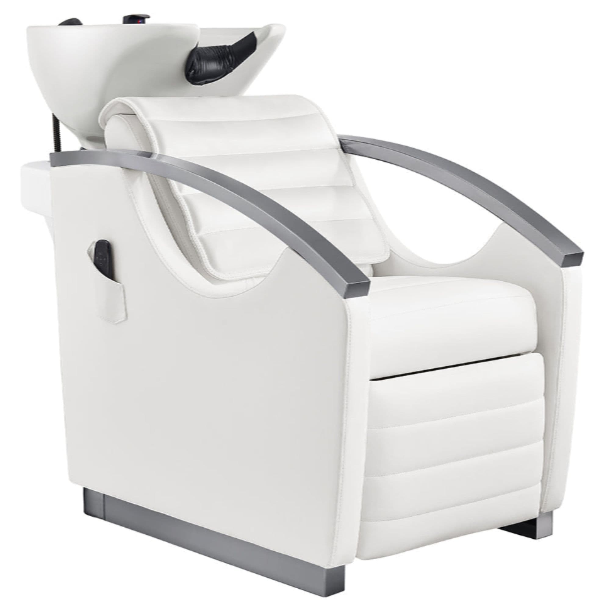 Bella V Titanium Electric Massage Shampoo Chair White Front Angled View Of White Single Shampoo Wash Station On White Clean Background