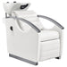 Bella V Titanium Electric Massage Shampoo Chair White Front Angled View Of White Single Shampoo Wash Station On White Clean Background