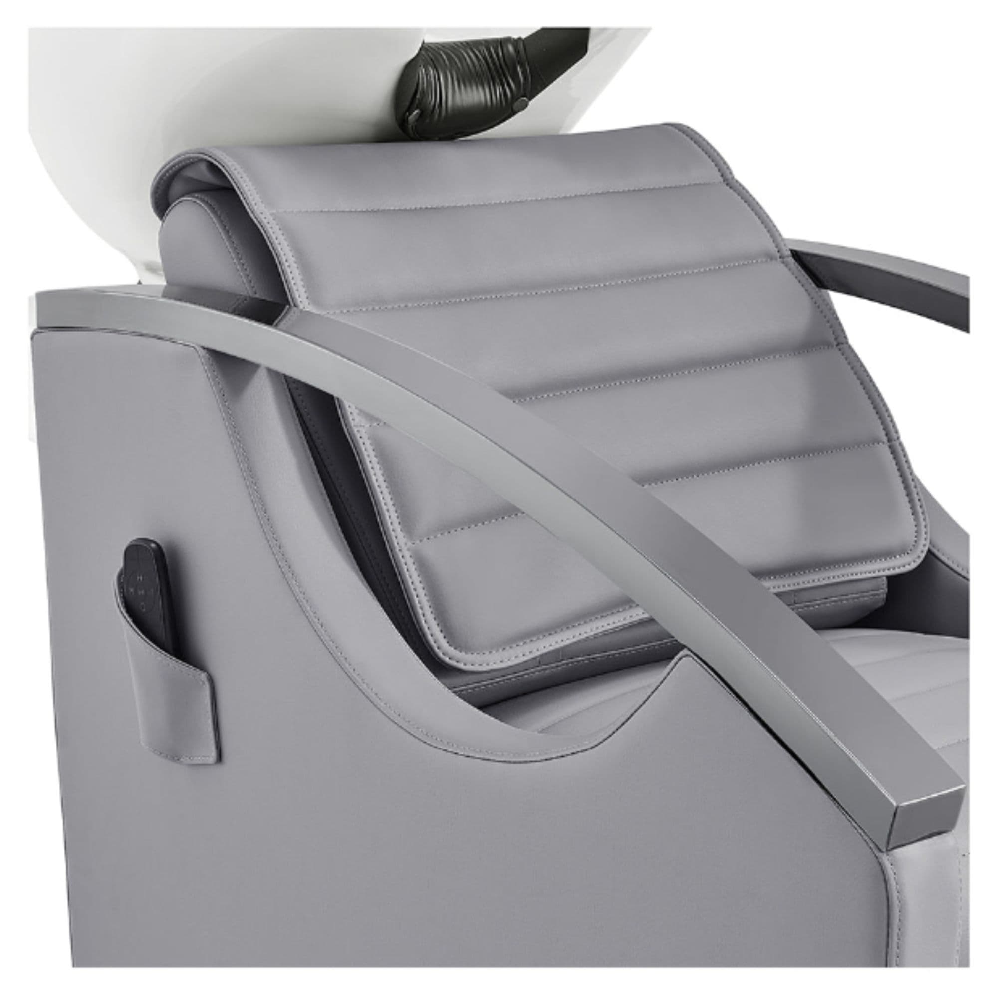 Bella V Titanium Electric Reclining Shampoo Chair Close-Up View Of Upholstered Backrest And Armrest Design