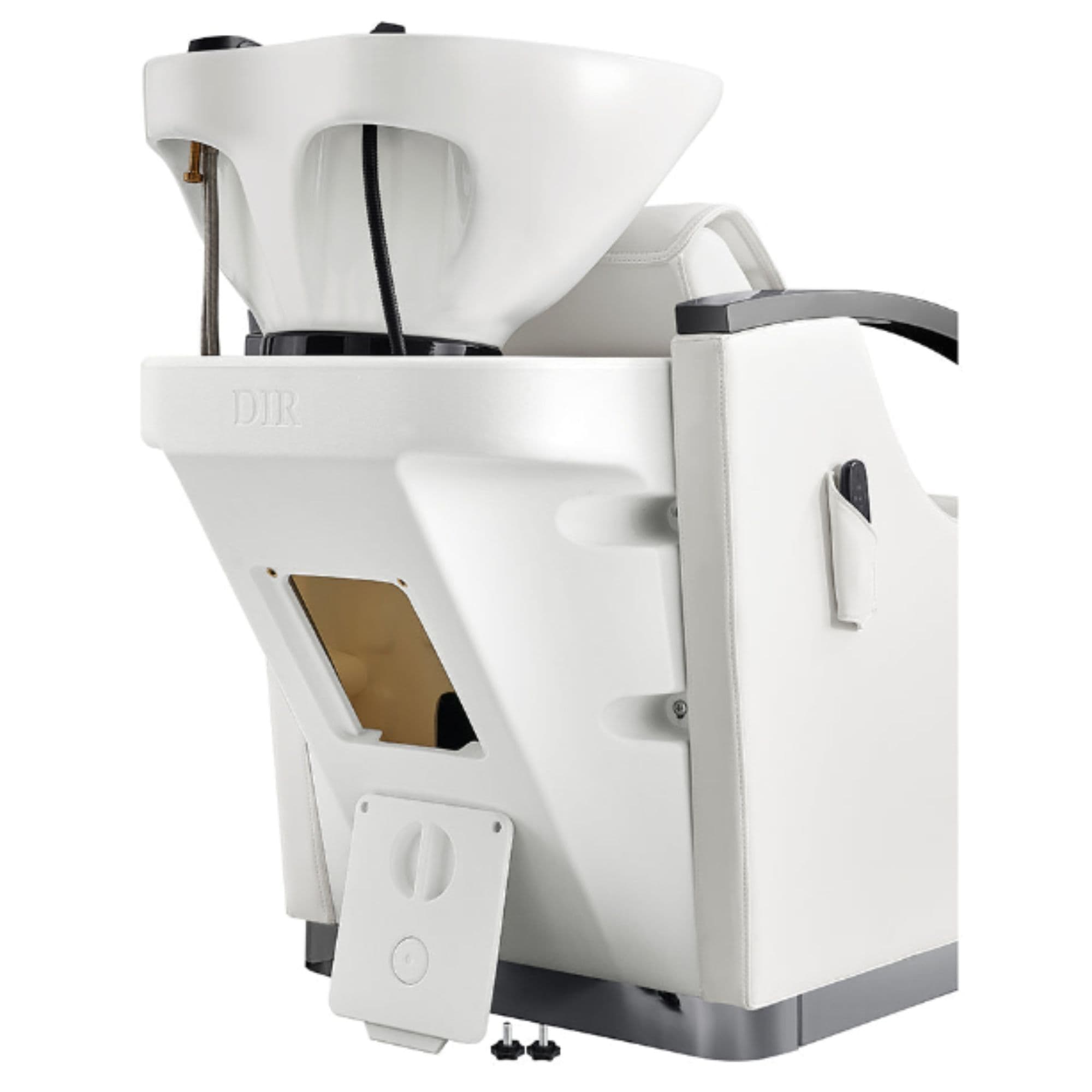 Bella V Titanium Electric Reclining Shampoo Chair Rear Angled View With White Wash Station Sink Assembly