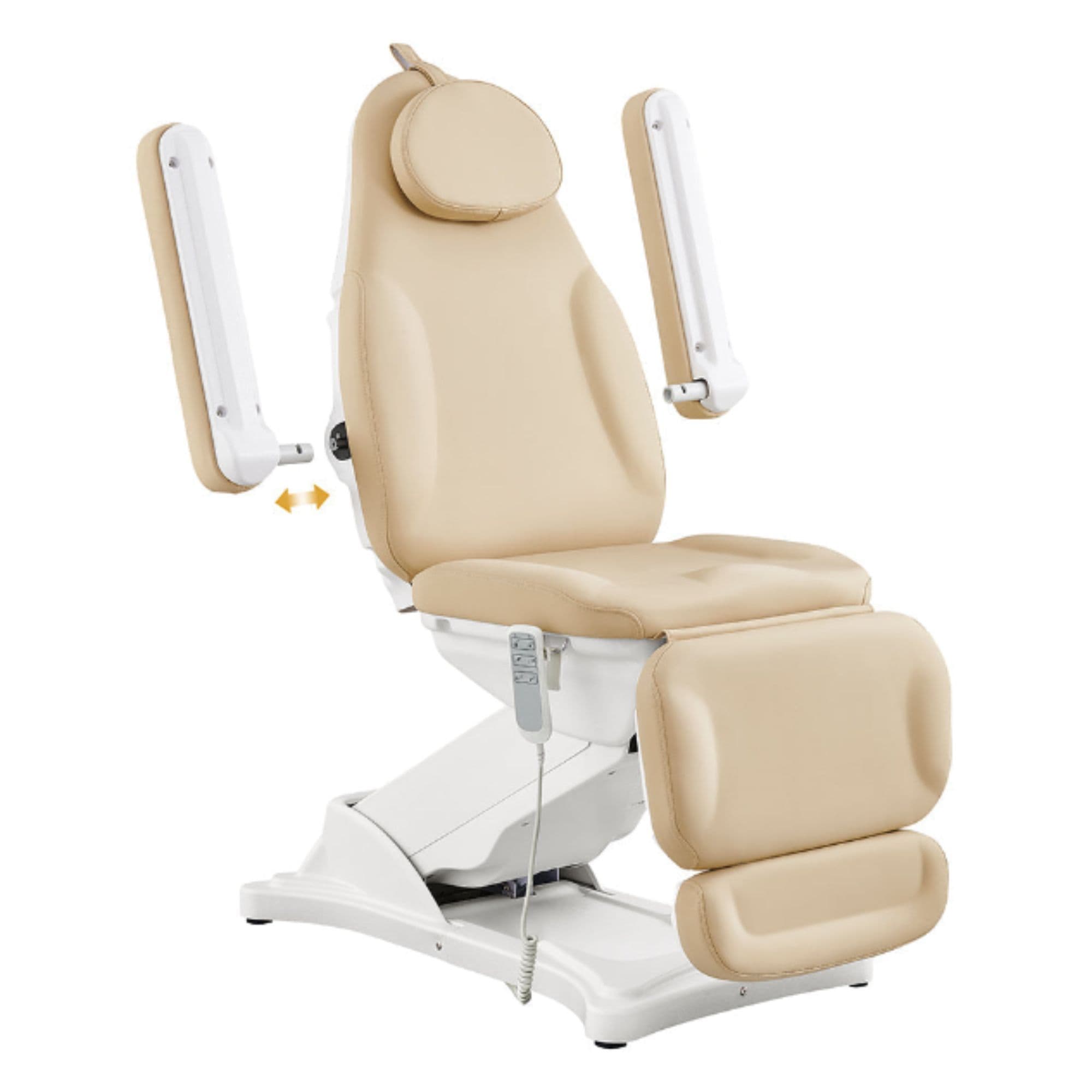 Bellucci 3-Motors Electric Treatment Chair  Beige Angled View Demonstrating Detachable Armrest On White Background