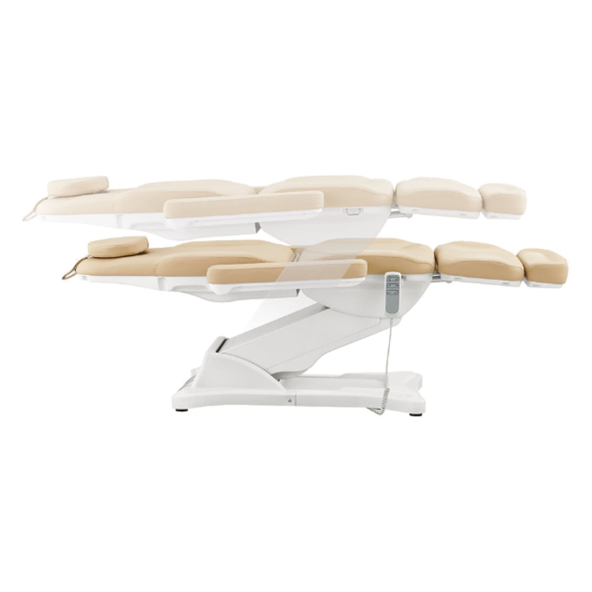 Bellucci 3-Motors Electric Treatment Chair Beige Side View Demonstrating Fully Reclined And Height Adjustment Positions On White Background