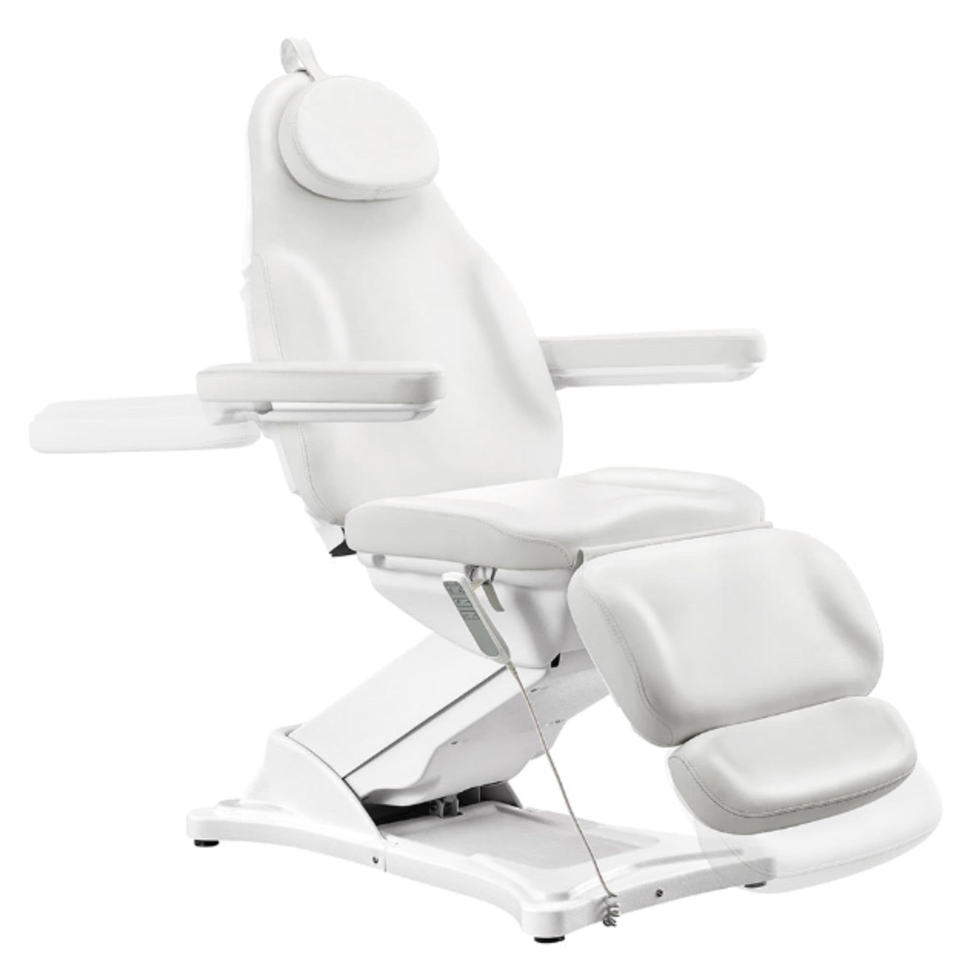 Bellucci 3-Motors Electric Treatment Chair White Front Angled View Demonstrating Adjustable Armrest Position On White Background
