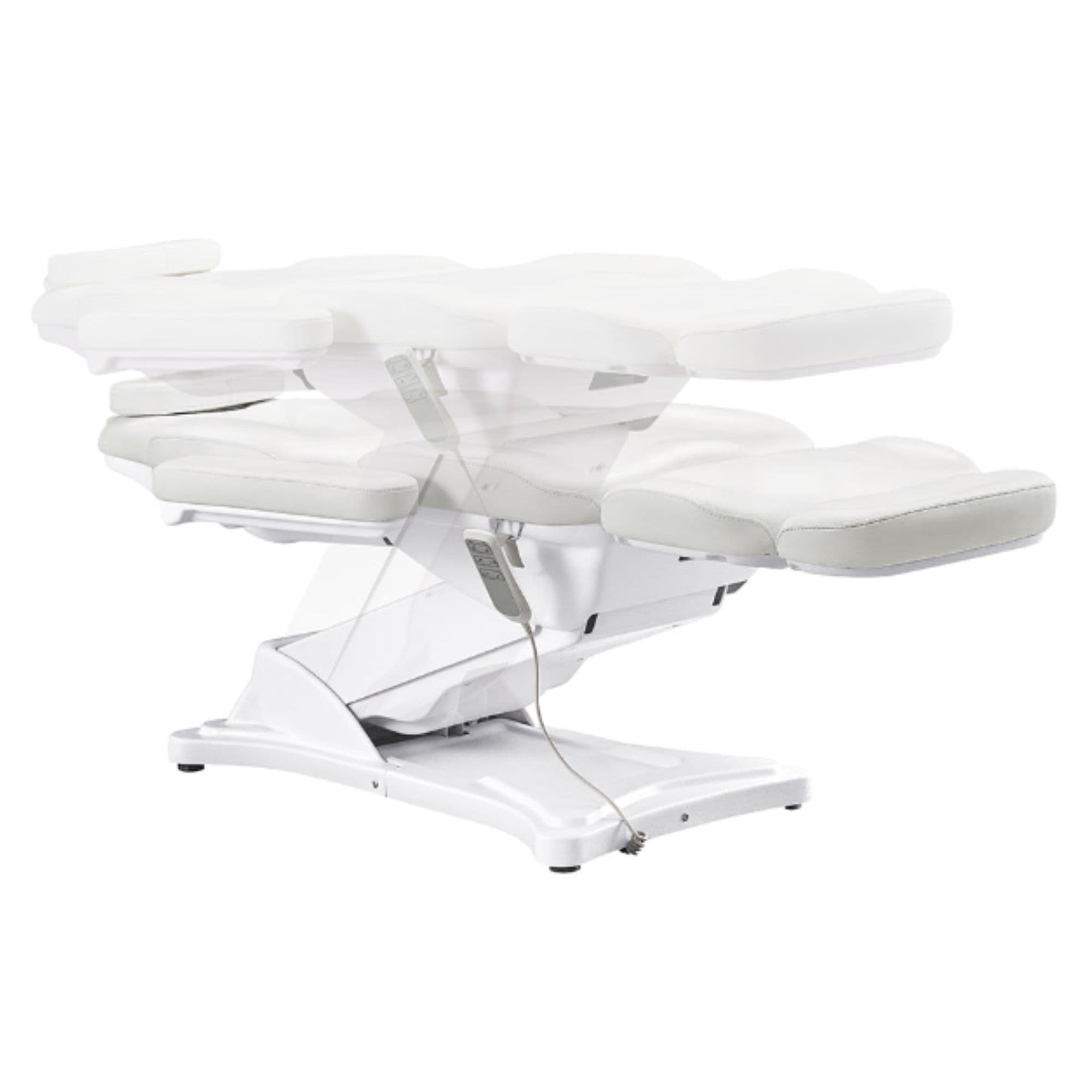 Bellucci 3-Motors Electric Treatment Chair White Front Angled View Demonstrating Fully Reclined And Height Adjustment Positions On White Background