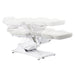 Bellucci 3-Motors Electric Treatment Chair White Front Angled View Demonstrating Fully Reclined And Height Adjustment Positions On White Background