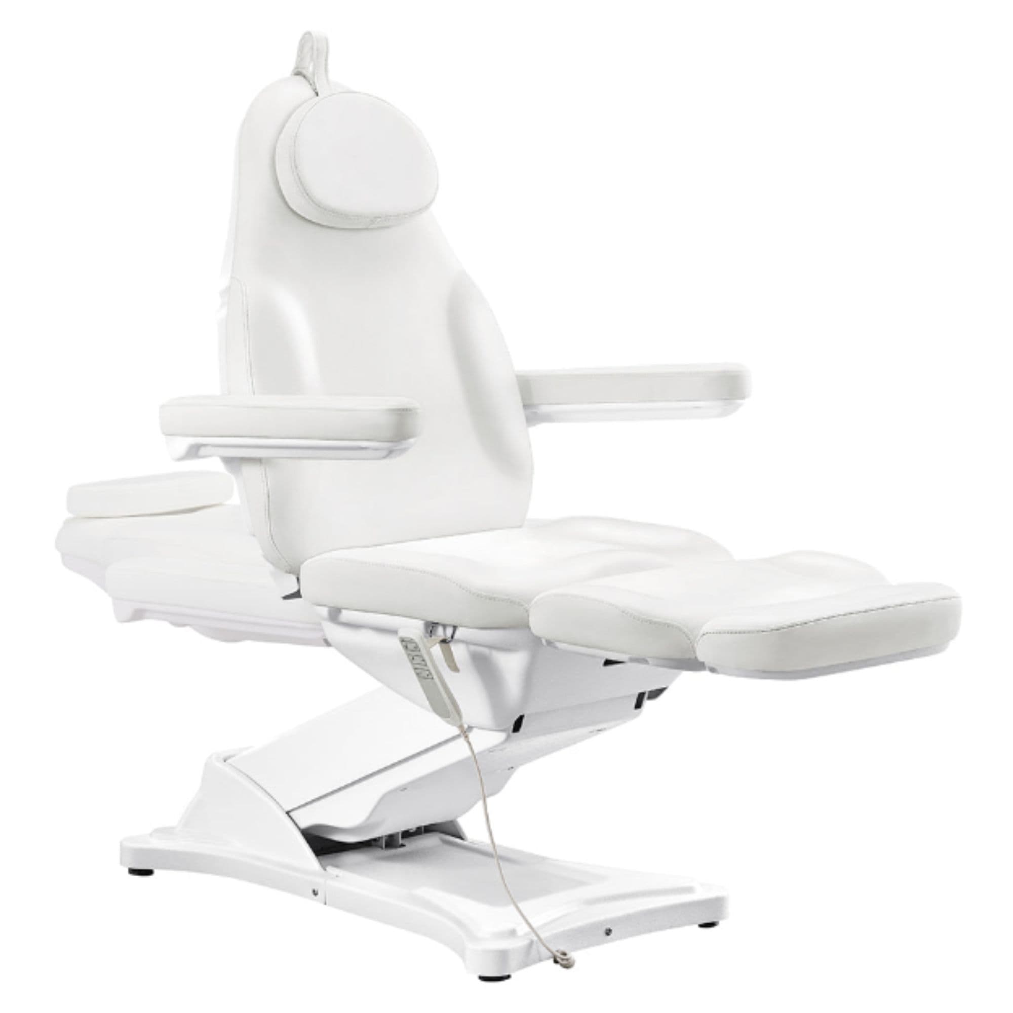 Bellucci 3-Motors Electric Treatment Chair White Front Angled View Demonstrating Recline Extended And Footrest Position On White Background