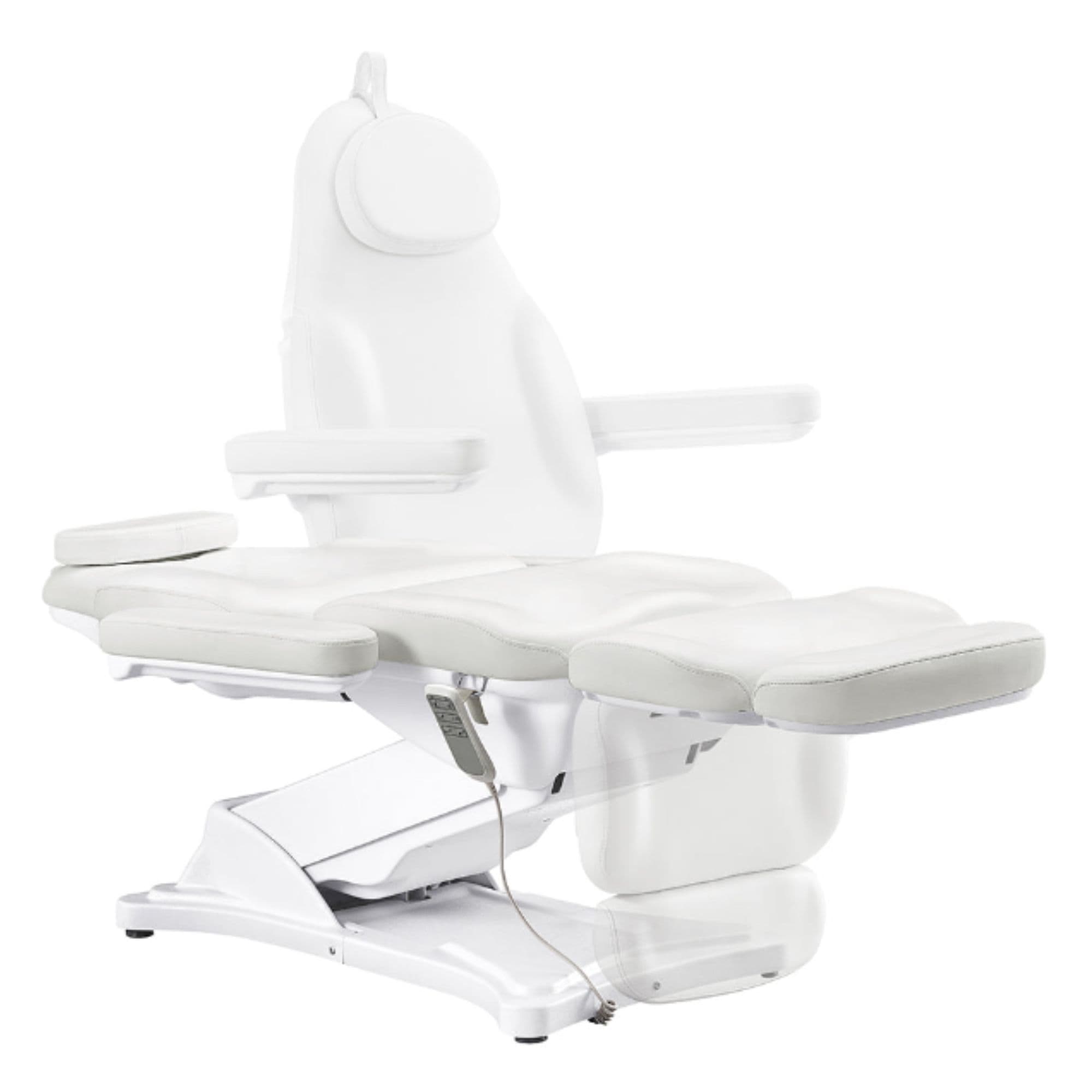 Bellucci 3-Motors Electric Treatment Chair White Side Angled View Demonstrating Recline Adjustment Range On White Background
